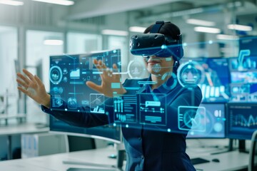 A businesswoman wearing a VR headset interacts with a virtual interface filled with data and charts in a contemporary office setting.