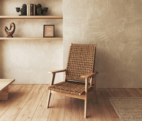 Boho beige livingroom with armchair and shelves background. Light modern farmhouse nature interior. 3d rendering. High quality 3d illustration