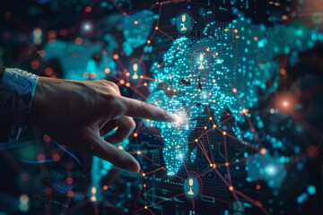 A hand reaches out to touch a digital map displaying a global network with glowing lines and connections.