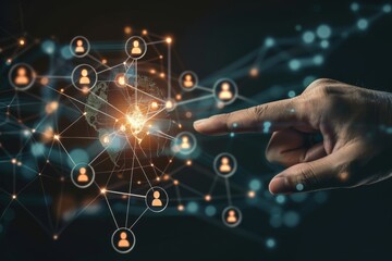 A hand points at a glowing digital globe in a network of connection points, representing global connectivity.