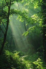 Obraz premium A lush green forest with sunlight shining through the trees. The sunlight creates a warm and inviting atmosphere