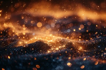 Naklejka premium A grainy, blurry texture of sand on the ground with golden sparkles flying around it, against black background,