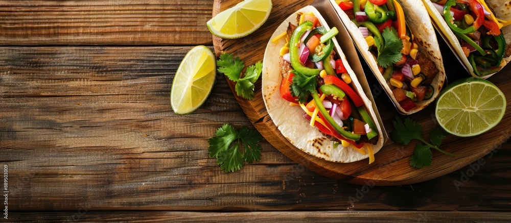 Poster top view of flavorful tacos with veggies and lime on a wooden surface with copy space image availabl