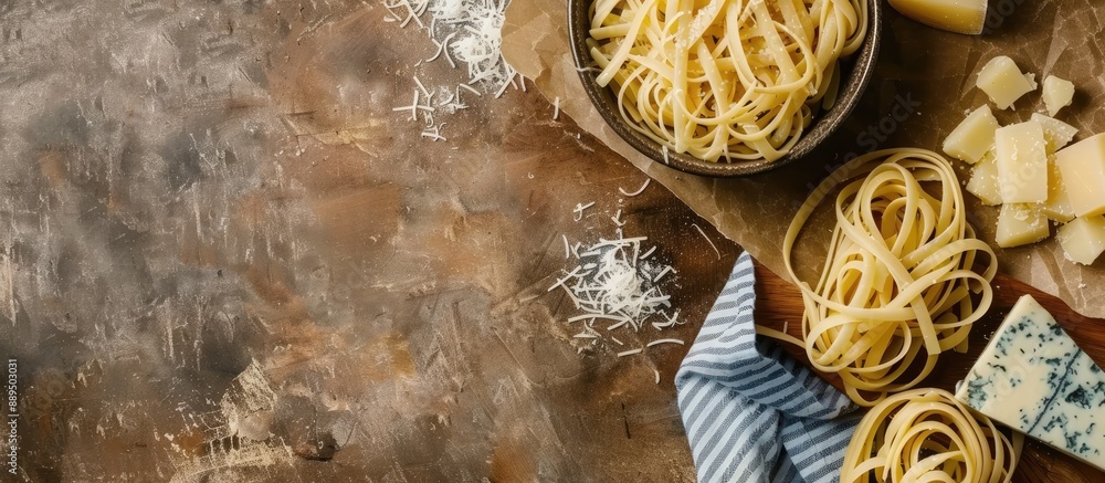 Poster top view of italian pasta with blue cheese placed on a table with ample space for adding text or gra