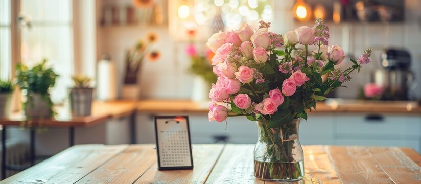 International Women's Day celebration setup with calendar and flowers on a kitchen table with a copy space image.