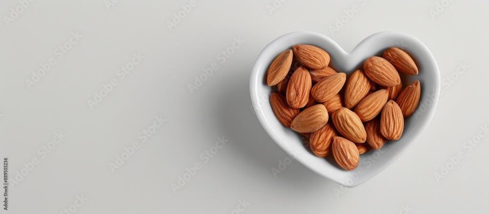 Poster heart-shaped bowl with almonds on a white backdrop, presenting a generous area for additional image 