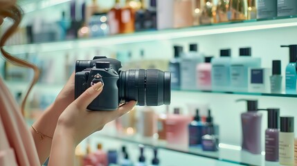 A photographer's hand adjusting a camera in front of a balanced display of beauty products