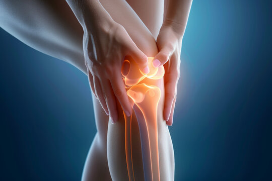 Woman having pain in knee. Female hands holding her knee, with highlighted instability and swelling