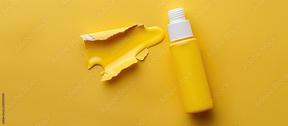 Poster top view of a bottle of glue on a yellow paper background with a torn hole, ideal for a copy space i