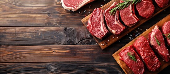 Various types of fresh Black Angus Prime raw beef steaks including ribeye, striploin, chuck roll, and picanha displayed from a top view on wooden cutting boards with copy space image.