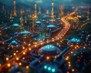 Futuristic Green Energy Grid with Glowing Blue Lines and Eco-Friendly Elements