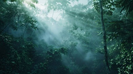 A misty morning in a dense forest.