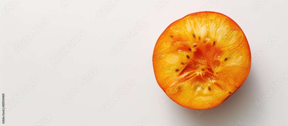 Poster top view of a persimmon slice on a white background, featuring copy space for additional text in the