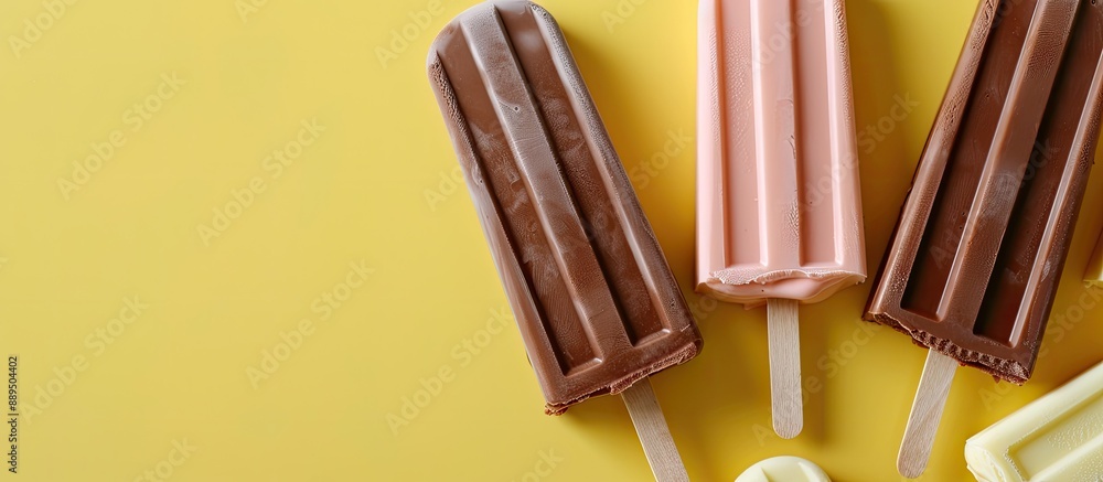 Poster top view of glazed ice cream bars on a yellow background with copy space image.