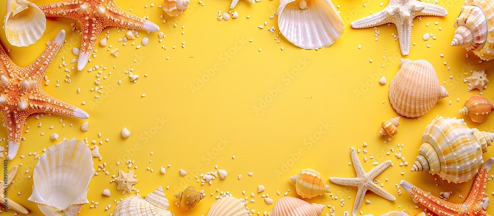 Poster seashells and starfishes form a frame on a sunny yellow backdrop in a photo with copy space image.