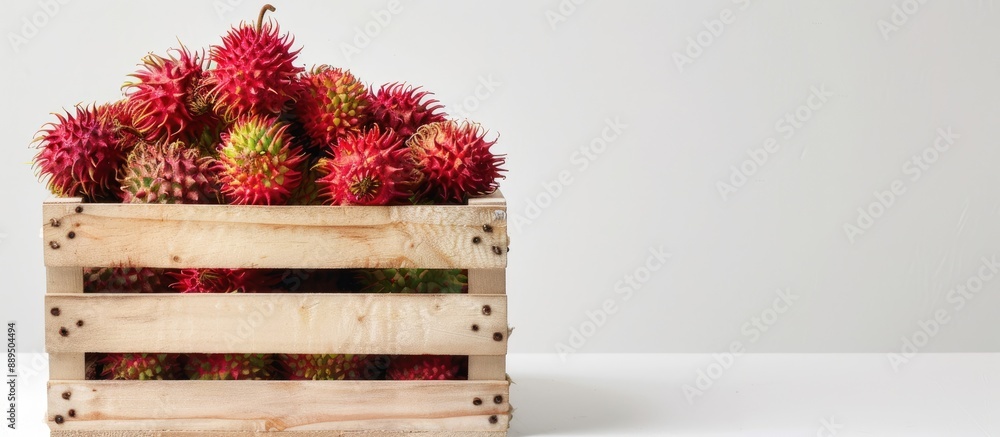 Aufkleber rambutan displayed in a wooden crate against a white backdrop with a copy space image.