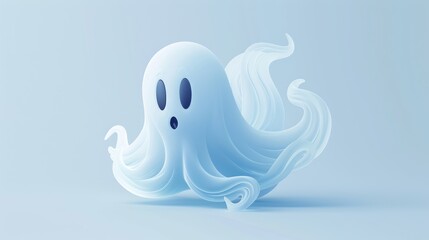 A flat design illustration of a spooky Halloween ghost with wide, round eyes and a surprised expression, floating with wispy, flowing edges against a plain white background.