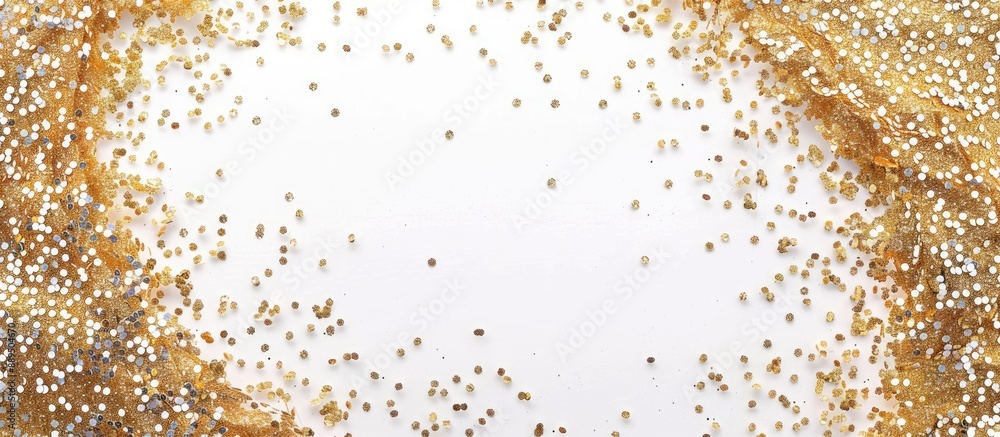 Poster isolated on a white backdrop, a square frame made of gold and silver glitter paper stands out with a