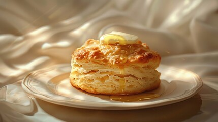 A digital painting of a single, perfectly baked biscuit with a golden-brown crust, placed on a white porcelain plate with a dollop of butter melting on top.
