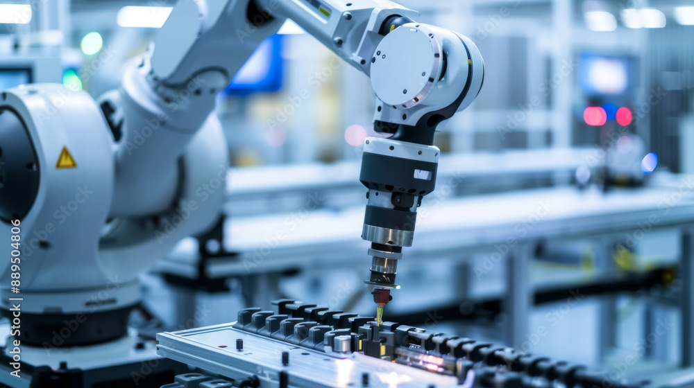 Poster industrial robot arm performing precision work in an automated factory setting, showcasing advanced 