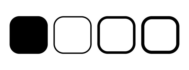 Set of squares with rounded corners. Cubes front view. Simple geometric shapes and frames isolated on white background. Vector graphic illustration.