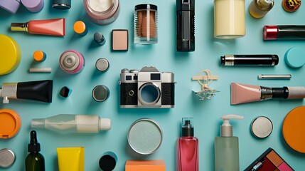 Beauty products arranged symmetrically with a camera capturing the scene in bright light