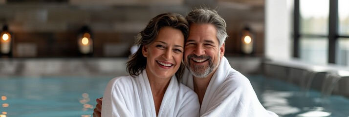 A mature couple in white bathrobes enjoy a romantic time by a spa resort pool, embracing each other in a peaceful setting. They find comfort and relaxation in each others company