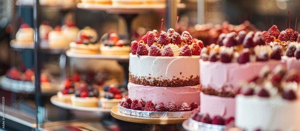 Poster selective focus on cakes displayed on a table with copy space image available.