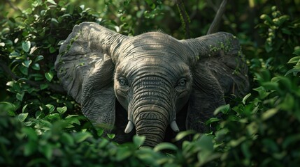A cute baby elephant laying peacefully in the bushes. Suitable for nature and wildlife themes