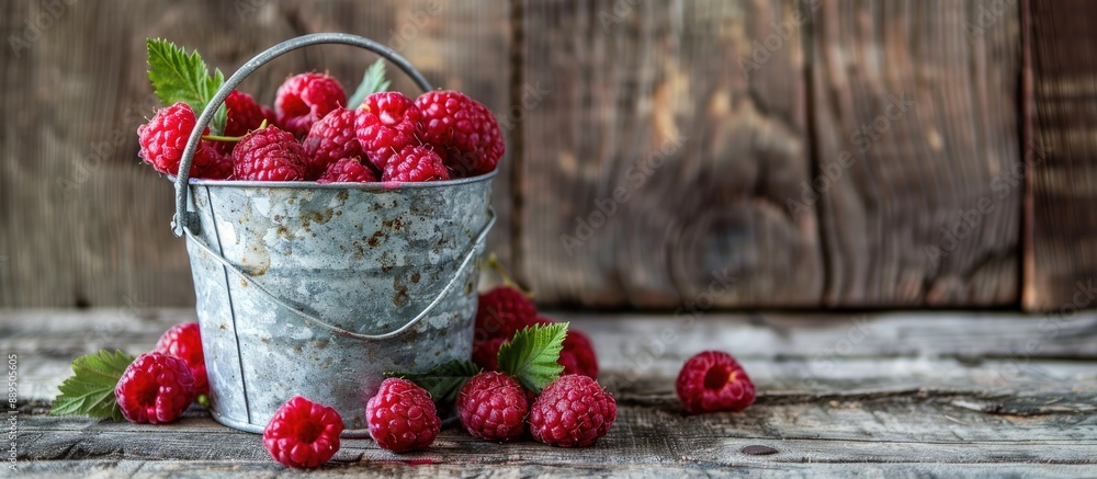 Poster raspberries in a charming bucket on a wooden backdrop with copy space image.