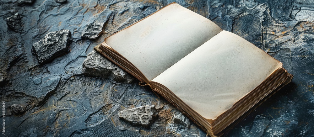 Poster stone background featuring an empty paper notebook with copy space image included.