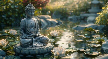 Fototapeta premium Buddha Statue Meditating in Tranquil Garden Pond