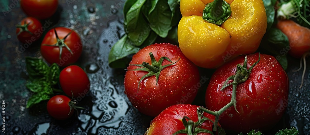 Poster organic vegetables on a wet textured background with copy space image.