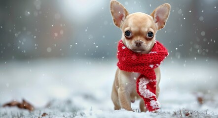 Adorable Chihuahua Wearing Red Scarf in Winter Snow