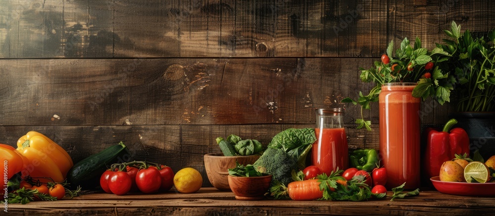 Poster vegetable juice in a rustic setting with a wooden background featuring copy space image.
