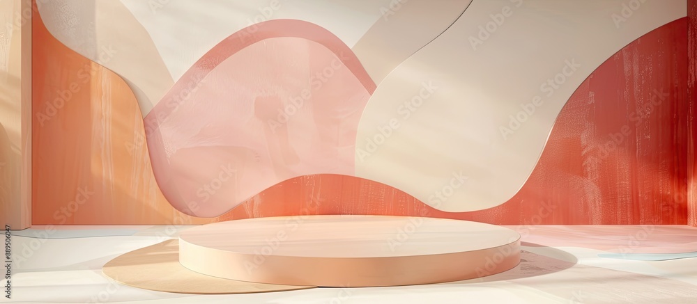 Poster front view of an abstract trendy design featuring an empty round podium platform for product present