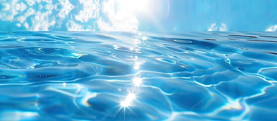 Fototapeta premium Sun's reflection in a swimming pool's ripples against a blue backdrop adds ambiance to a calm copy space image.