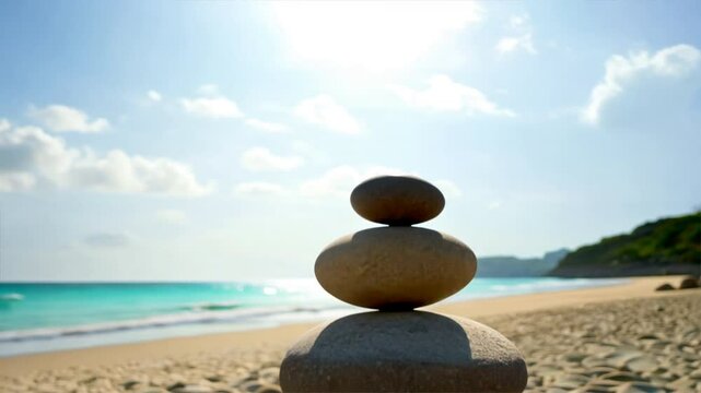 Spa background concept  Zen stones on blue sky and sea beach