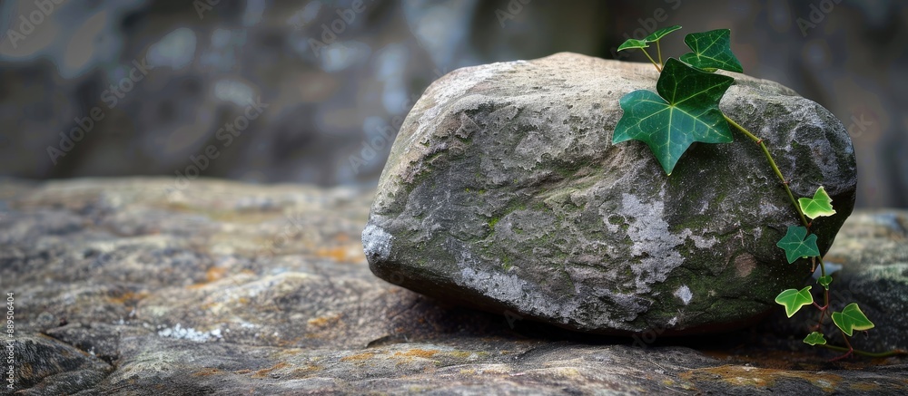 Poster nature's large rock with a green ivy leaf, creating a tranquil scene with copy space image.