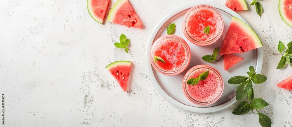 Poster watermelon smoothie in glass jars with slices on a plate with a white backdrop, shot from above for 