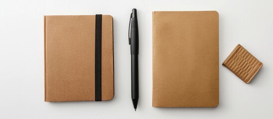 White background showcasing a brown notebook, a white spring notebook, and a black pen, with ample copy space image available.