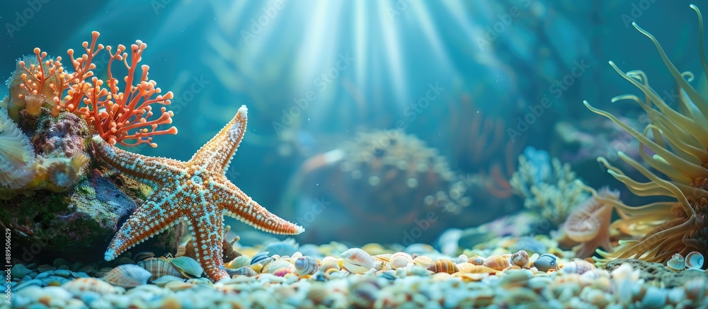 Poster sea star and scallop featuring in a beautiful underwater setting with open space for additional elem