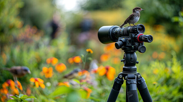 A telephoto angle photo of a birdwatcher using a spotting scope mounted on a tripod, focused on a bird in the distance, with copy space