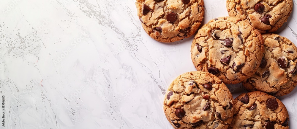 Poster top view of scrumptious chocolate chip cookies displayed on a light grey tabletop with ample space f
