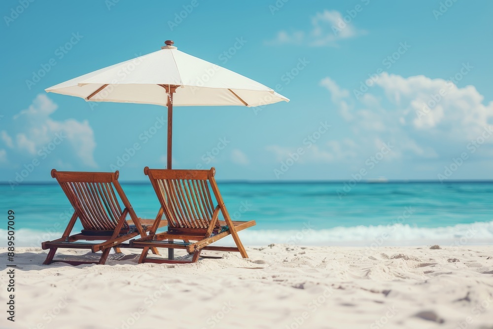 Poster Scenic beachfront setup with lounge chairs and umbrellas creating a serene and inviting atmosphere perfect for relaxation and summer enjoyment