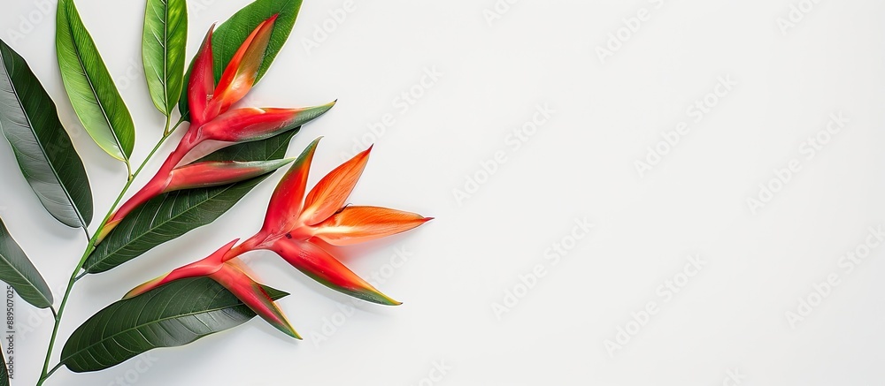 Poster heliconia foliage isolated on a white backdrop with room for text or graphics in the shot. image wit