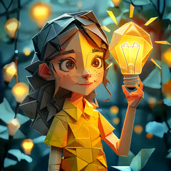 Cartoon of a girl holding light bulb. origami paper style