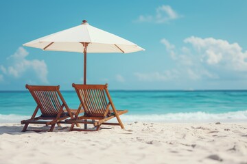 Obraz premium Scenic beachfront setup with lounge chairs and umbrellas creating a serene and inviting atmosphere perfect for relaxation and summer enjoyment