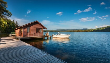 Fototapeta premium casa junto a un lago con un muelle y un bote anclado.