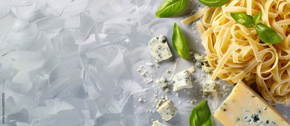 Poster top view of italian pasta with blue cheese placed on a table with ample space for adding text or gra
